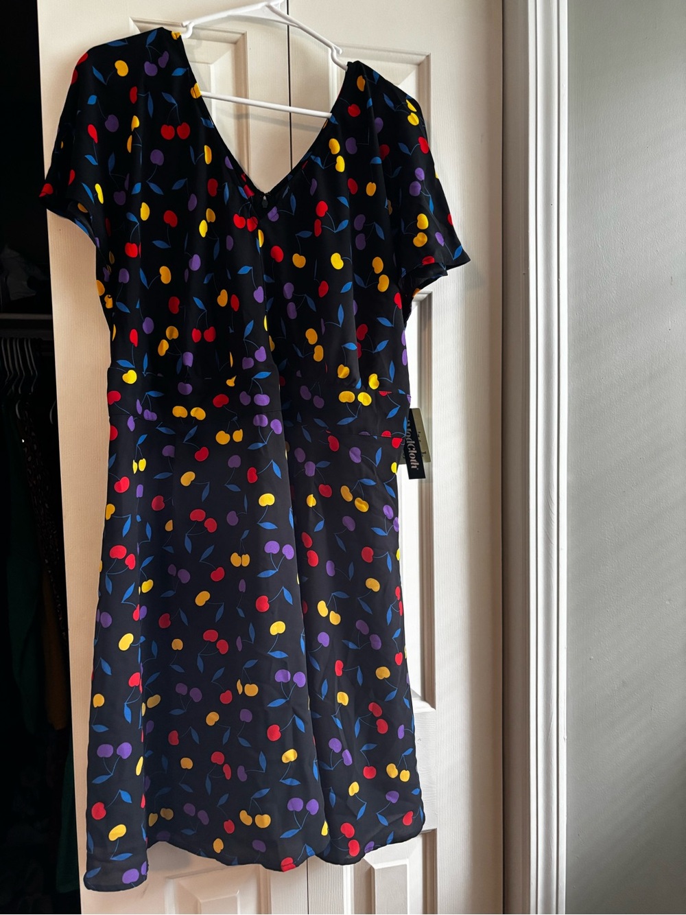 ModCloth Black Mini Dress with Red, Yellow and Purple Cherry Print, New w tags!